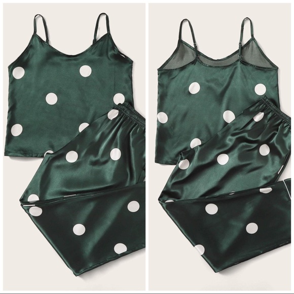 New Green Polka Dot Satin Silk-Like Pajama Set - Picture 2 of 4